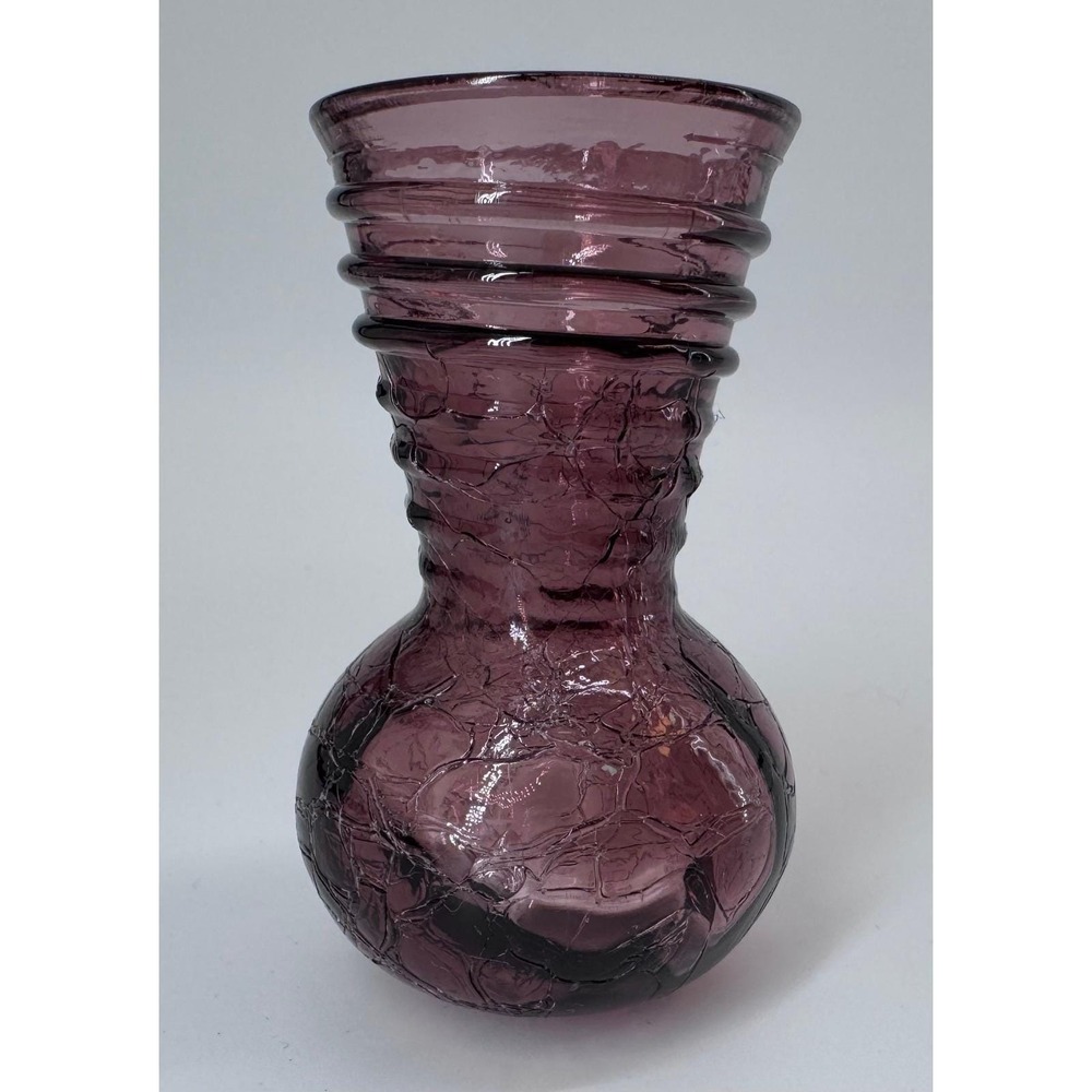 Vintage Purple Crackle Glass Vase Blenko Pilgrim Style Ribbed Neck Art Glass